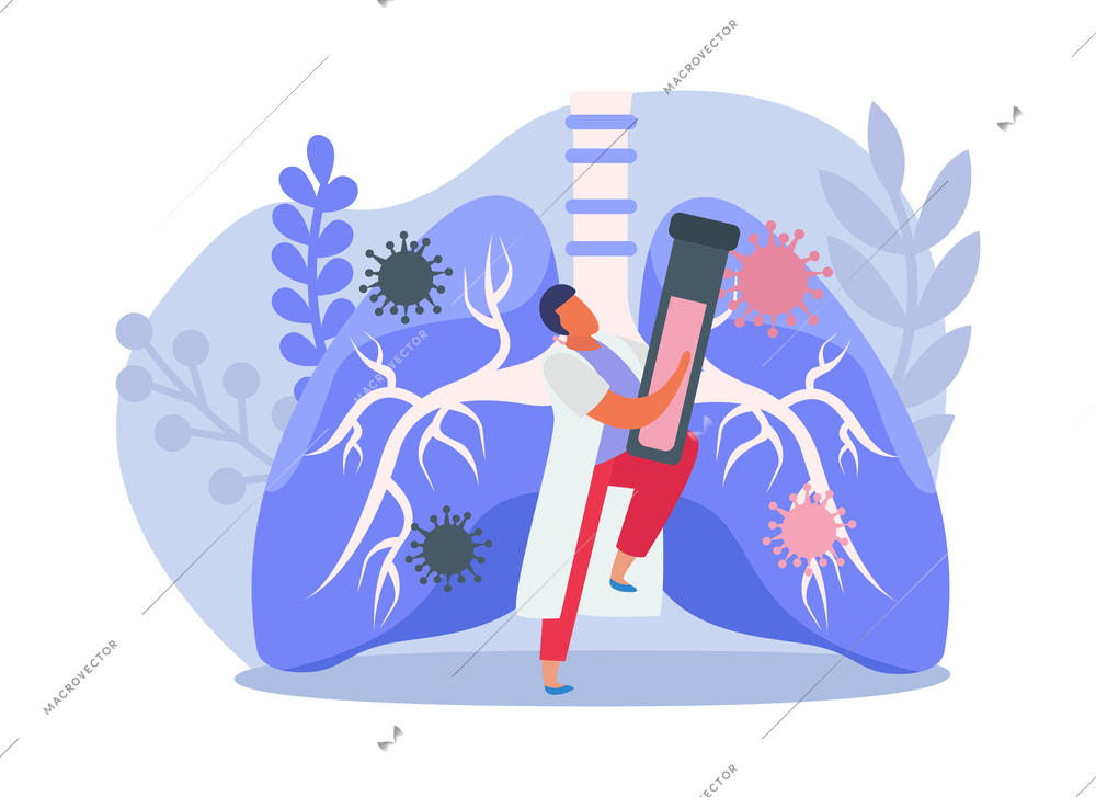 Lung inspection flat icons composition with doctor holding test tube in front of lungs full of bacteria vector illustration