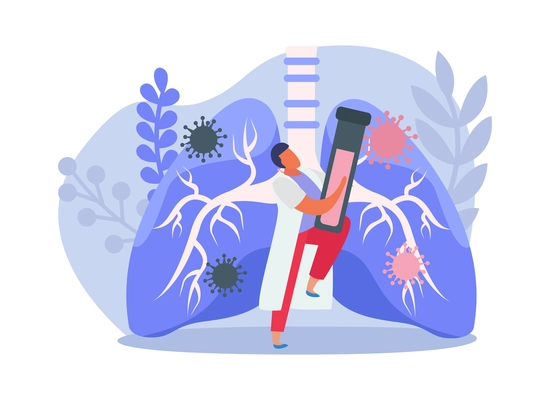 Lung inspection flat icons composition with doctor holding test tube in front of lungs full of bacteria vector illustration