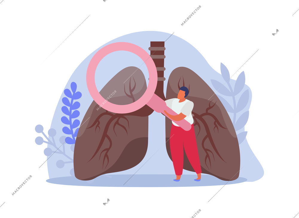 Lung inspection flat icons composition with male character holding hand glass with human lungs vector illustration