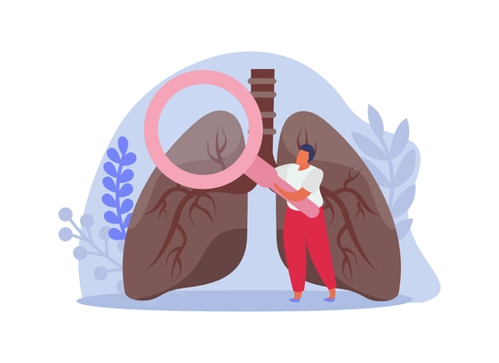 Lung inspection flat icons composition with male character holding hand glass with human lungs vector illustration