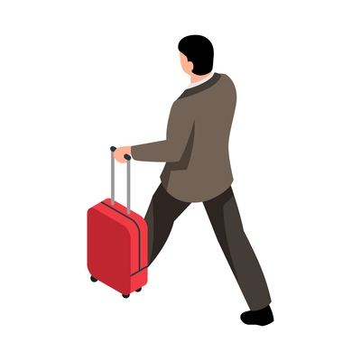 Isometric railway composition with male character of walking passenger with suitcase vector illustration