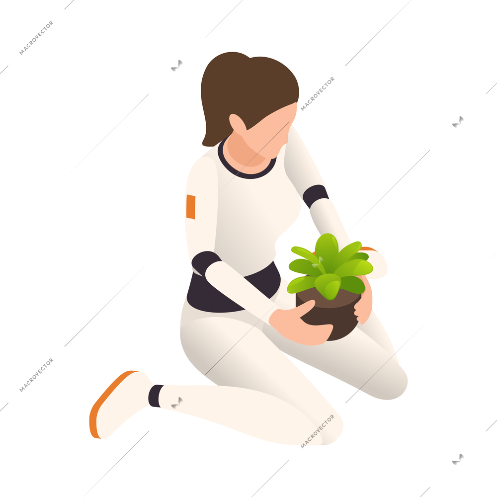 Space colonization terraforming isometric composition with female astronaut holding plant vector illustration