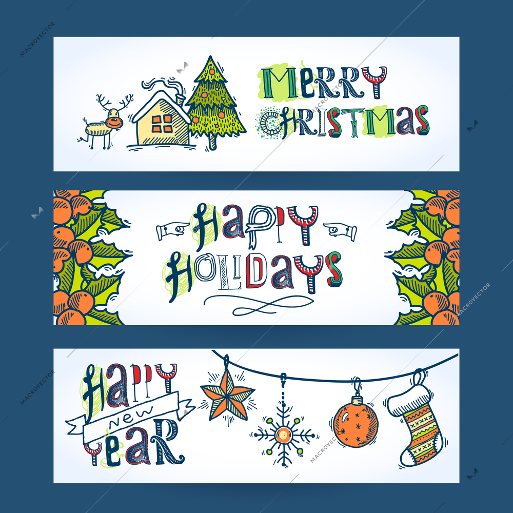 Vintage merry christmas new year holiday decoration sketch horizontal banner set isolated vector illustration