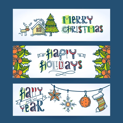 Vintage merry christmas new year holiday decoration sketch horizontal banner set isolated vector illustration