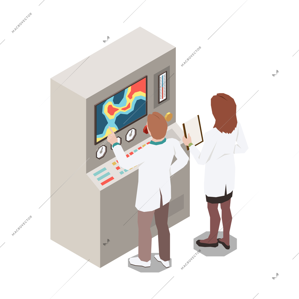 Meteorology weather forecast isometric composition with pair of workers analyzing data on machine vector illustration