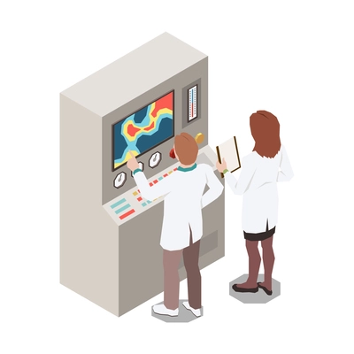 Meteorology weather forecast isometric composition with pair of workers analyzing data on machine vector illustration