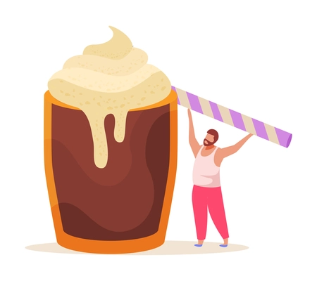 Sweets and people flat composition with male character and cup of sweet smoothie cocktail vector illustration