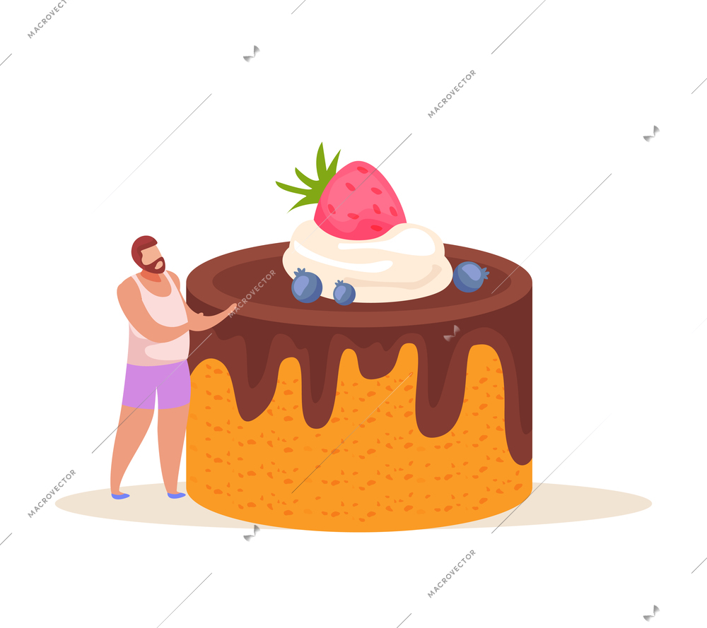 Sweets and people flat composition with male character embracing huge cake with chocolate and berries vector illustration