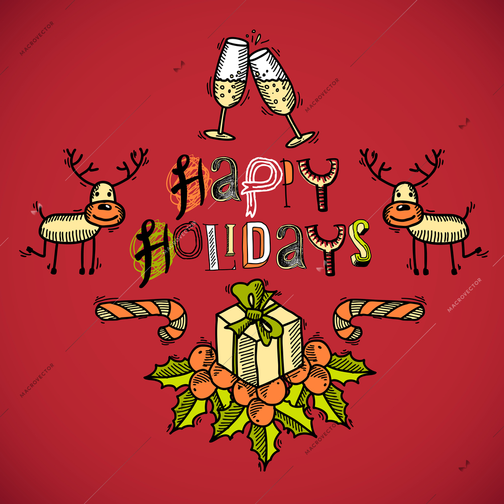 Vintage merry christmas sketch colored card with champagne deer and gift boxes vector illustration