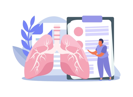 Lung inspection flat icons composition with lungs and character of doctor with medical paperwork vector illustration