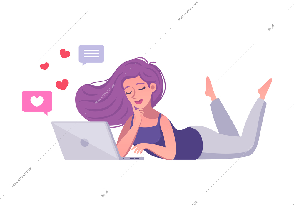 Virtual relationships online dating cartoon composition with character of girl chatting with partner on laptop vector illustration