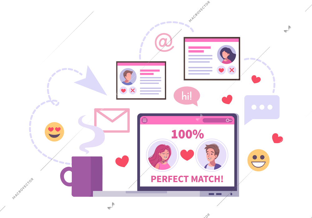 Virtual relationships online dating cartoon composition with icons of messages hearts emoticons and user profiles vector illustration