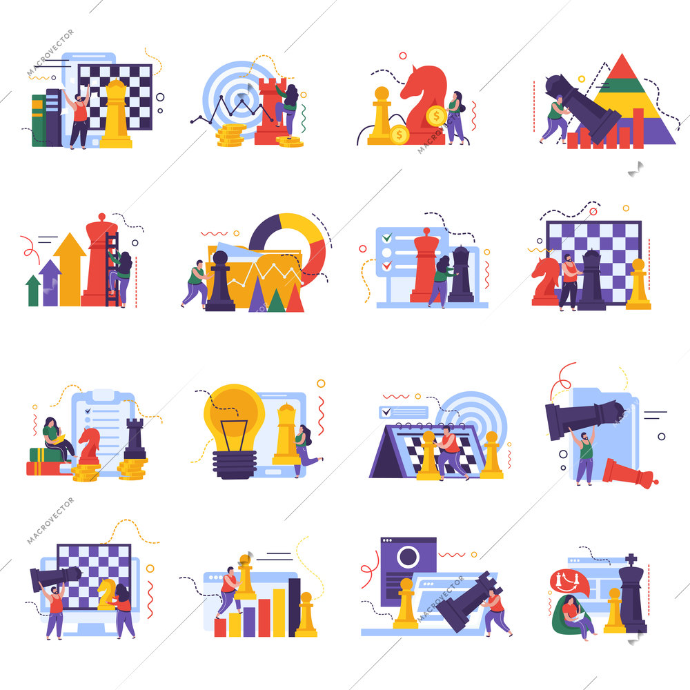 Business strategy icons set with chess game symbols flat isolated vector illustration