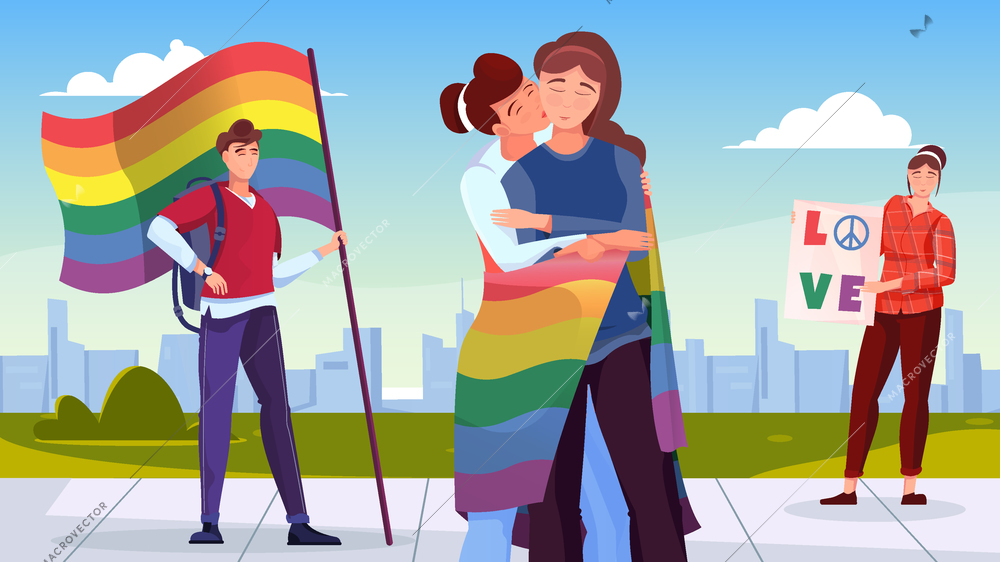 Lgbt community flat background with young people holding flag in colors of rainbow vector illustration