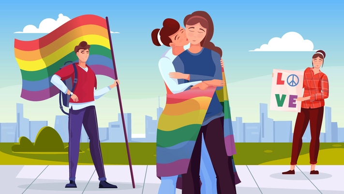 Lgbt community flat background with young people holding flag in colors of rainbow vector illustration