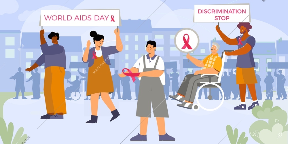 Discrimination aids composition with flat cityscape background and group of walking activists with slogans and ribbon vector illustration