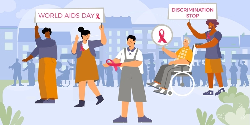 Discrimination aids composition with flat cityscape background and group of walking activists with slogans and ribbon vector illustration