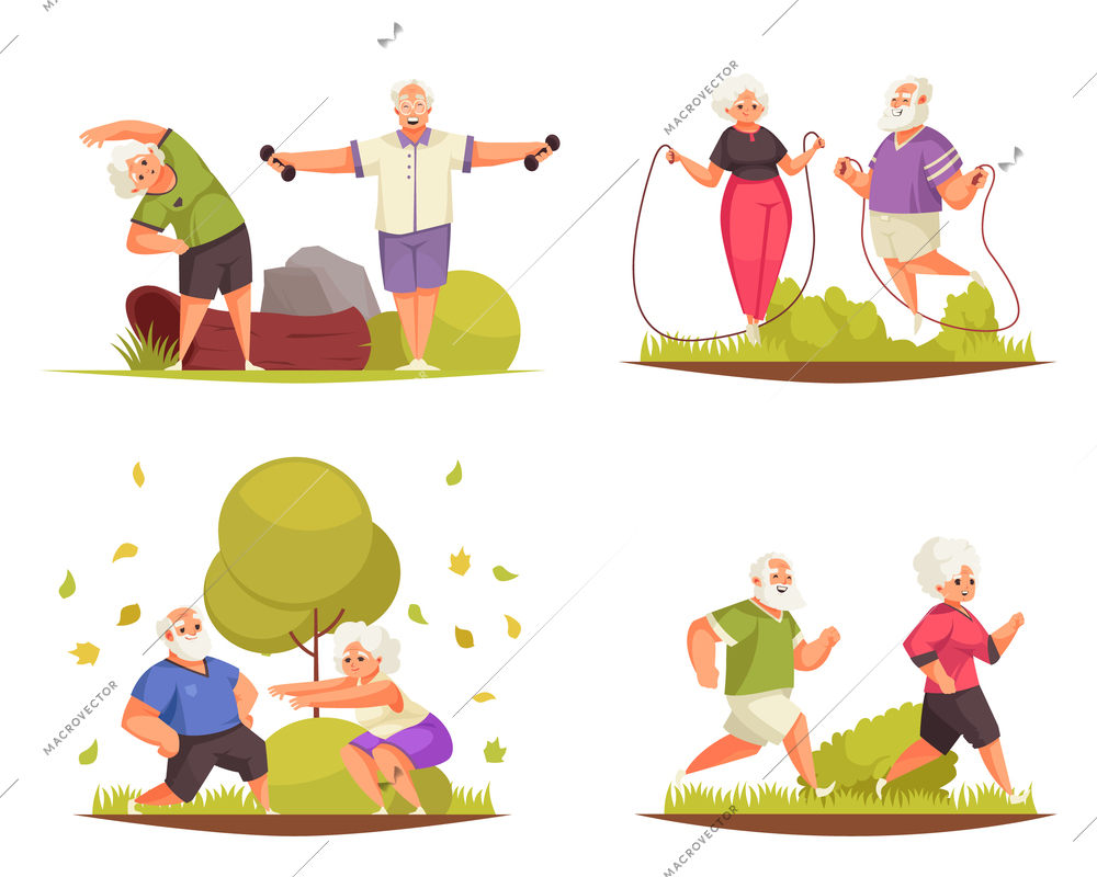 Old people outdoor fitness activity 4 cartoon compositions with jogging jumping rope exercising couples vector illustration