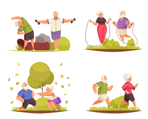 Old people outdoor fitness activity 4 cartoon compositions with jogging jumping rope exercising couples vector illustration