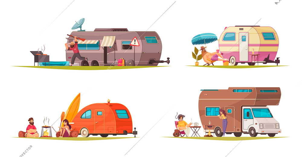 Summer vacations with travel trailer camper van concept 4 cartoon compositions with camping on road vector illustration