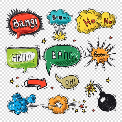 Comic speech bubble hand drawn design element symbol boom splash bomb vector illustration.