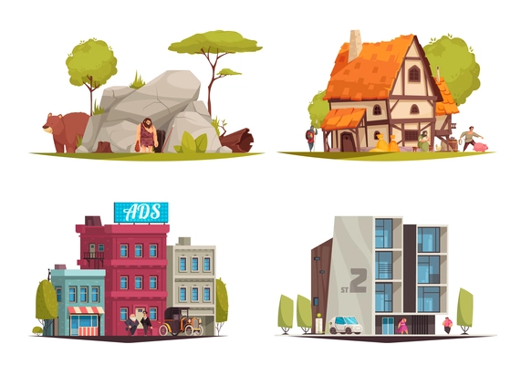 Architectural style different eras housing evolution 4 cartoon compositions from stone age cave to modern buildings vector illustration