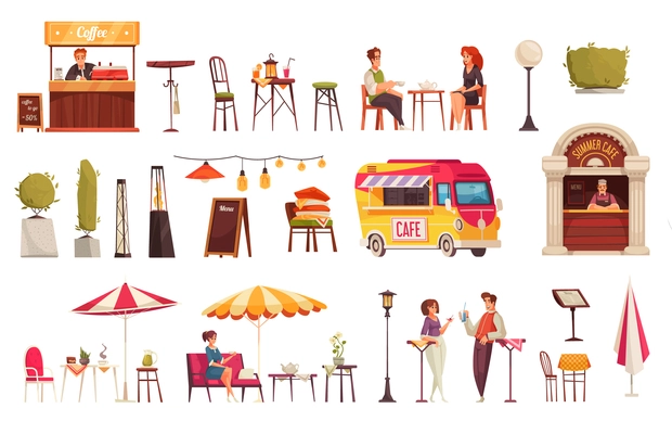 Street cafe bar restaurant outdoor terrace service fast food desserts refreshments bus customers cartoon set vector illustration