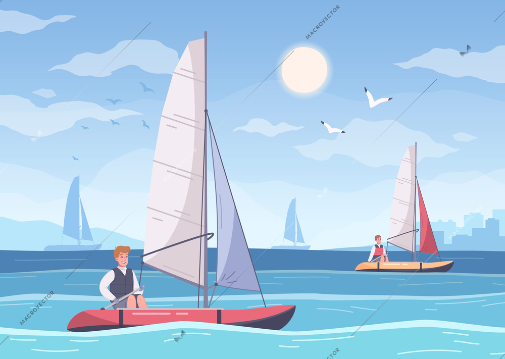 Yachting cartoon composition with summer sea scenery and human characters of sailors riding small sail boats vector illustration