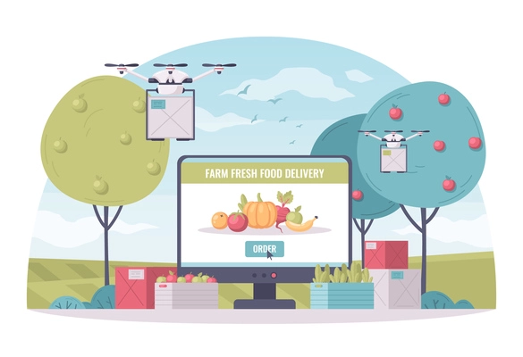 Smart farming cartoon composition with garden view boxes with fruits and flying delivery quadcopters with computer vector illustration