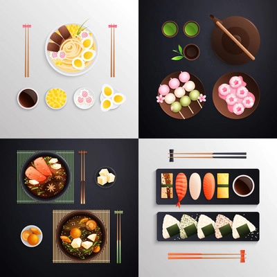 Traditional japanese food cuisine flat 2x2 design concept with four square compositions with served dishes images vector illustration