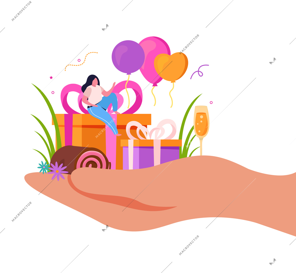 Birthday flat background composition with isolated image of hand holding sweets gift boxes drinks and balloons vector illustration