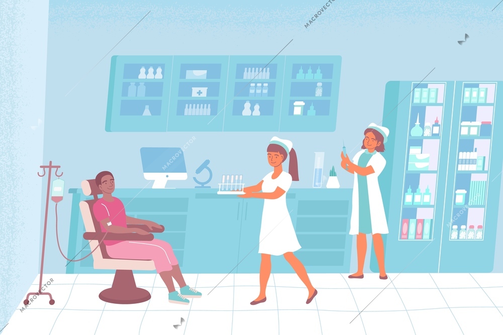 Nurse laboratory composition with a patient sits in a chair and a nurse assists the doctor with medications vector illustration