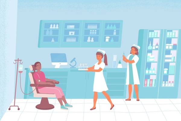 Nurse laboratory composition with a patient sits in a chair and a nurse assists the doctor with medications vector illustration