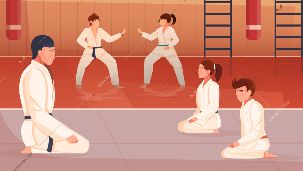 Martial arts flat background with trainer and kids doing exercises in gym vector illustration