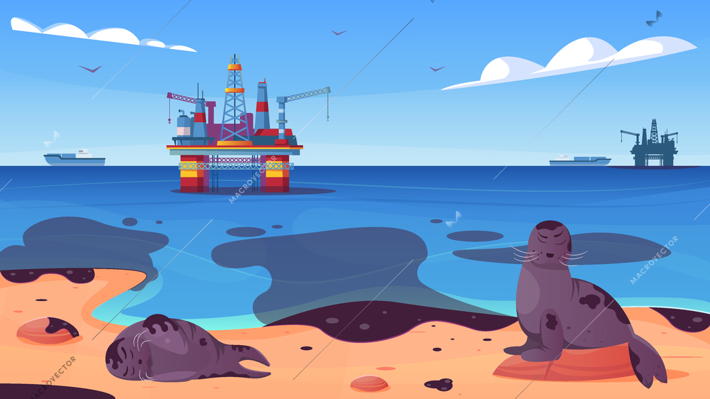 Ocean pollution with oil stains on water surface with sea animals on beach flat vector illustration