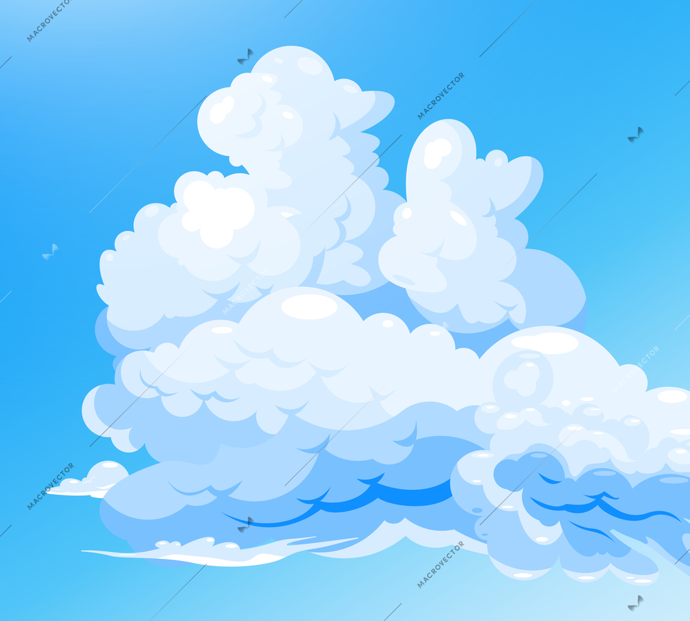 Cloudy sky blue background with cartoon group of white cumulus clouds flat vector illustration