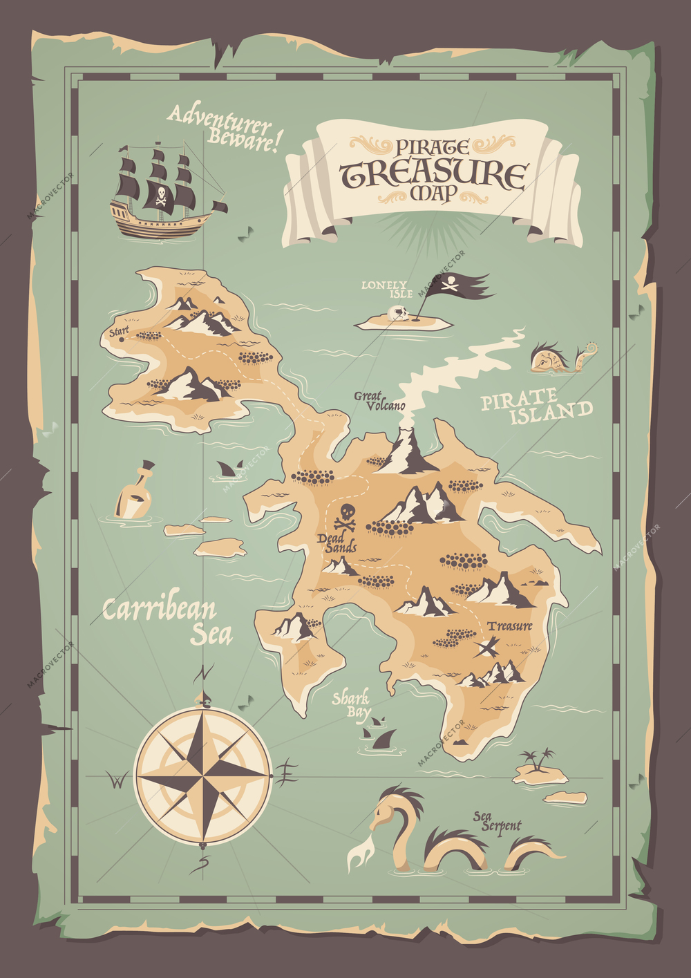 Old paper pirate map with ragged edges in grunge style for treasures hunting vector illustration