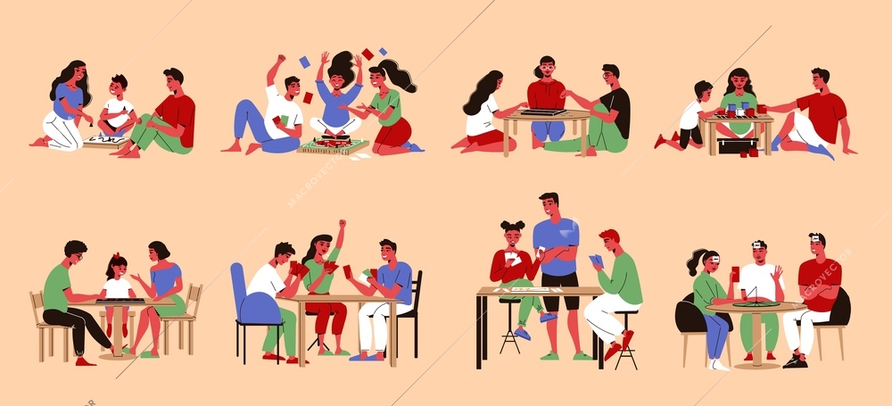 Set of isolated doodle style compositions with characters of family members playing games with blind cards vector illustration