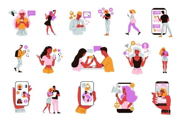 Social network set of isolated icons with human hands holding smartphones with doodle characters and signs vector illustration