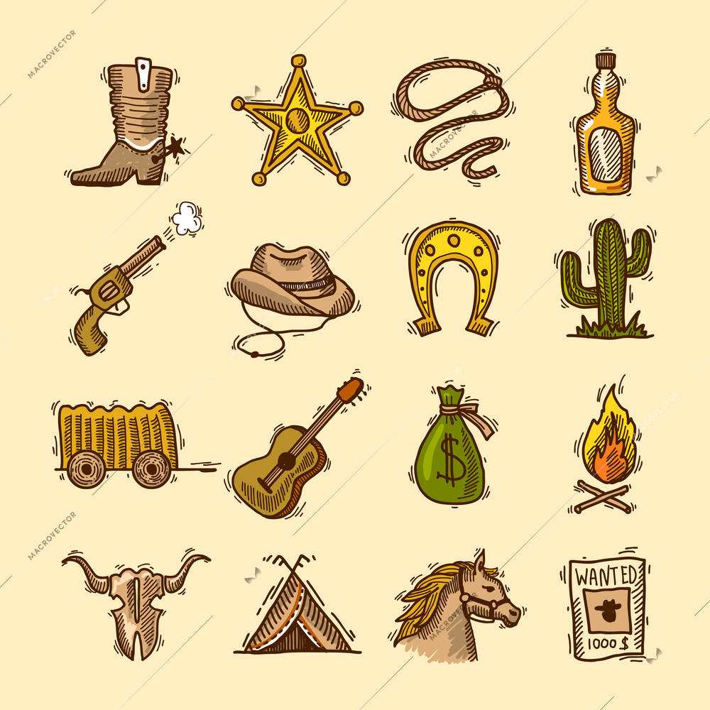 Wild west cowboy colored sketch icons set with boots badge lasso isolated vector illustration