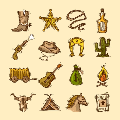 Wild west cowboy colored sketch icons set with boots badge lasso isolated vector illustration