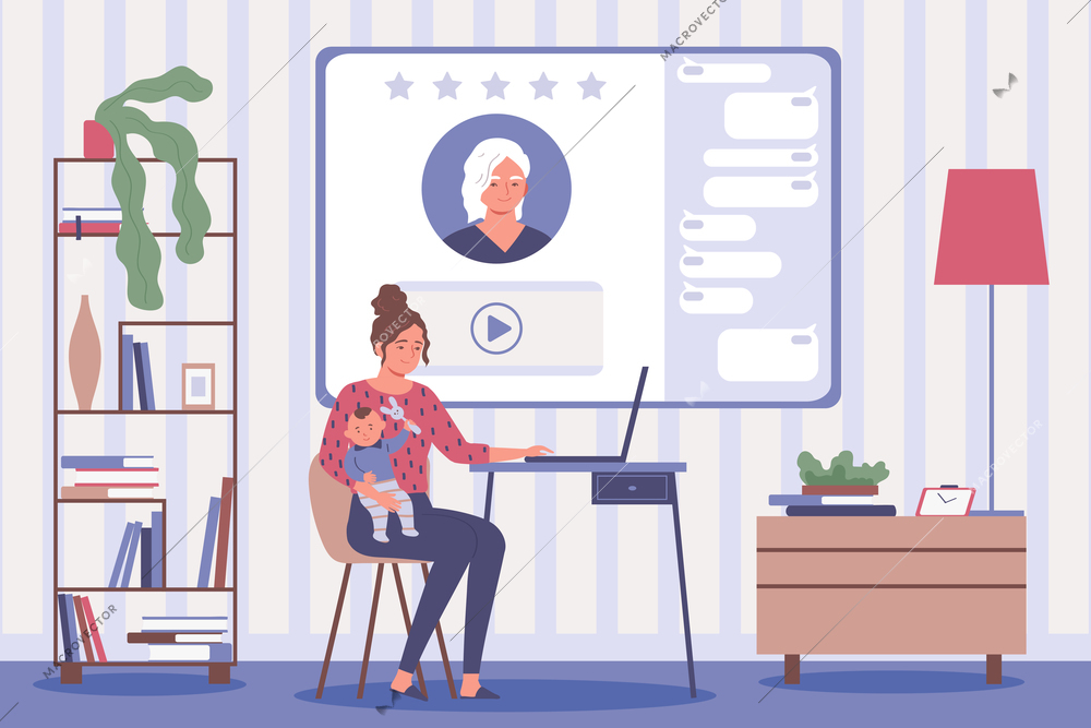 Online education flat background with mother holding baby in her arms and watching video on laptop vector illustration