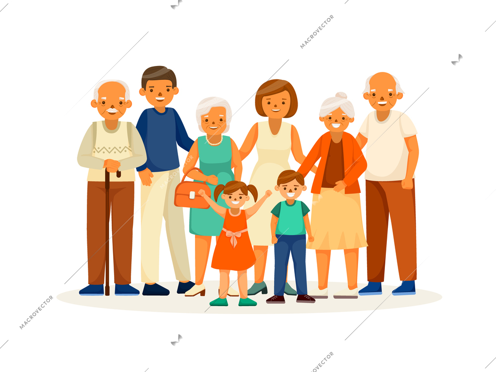 Elderly people happy life isolated and cartoon concept the whole family together vector illustration