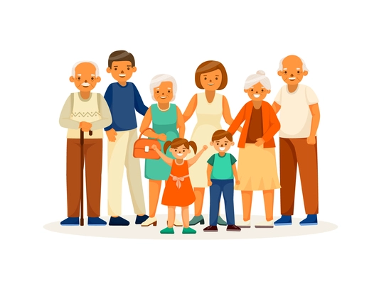 Elderly people happy life isolated and cartoon concept the whole family together vector illustration