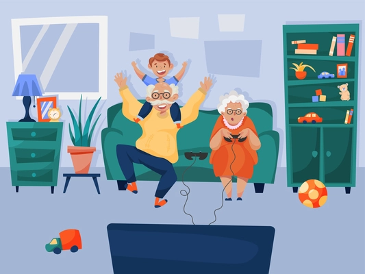 Happy grandparents entertaining grandson playing virtual games online together sitting home on sofa cartoon composition vector illustration