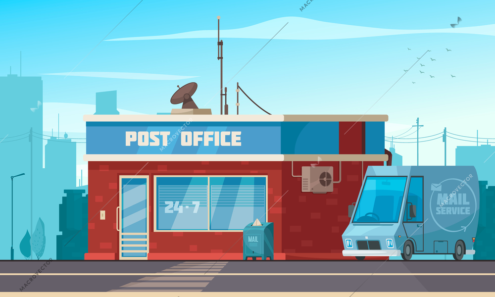 Post office building exterior view with van mailbox parcel collect service cartoon composition cityscape background vector illustration