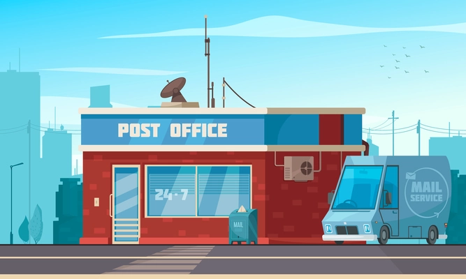 Post office building exterior view with van mailbox parcel collect service cartoon composition cityscape background vector illustration