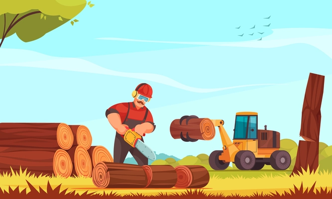 Lumberjack at work sawing tree trunk with electric saw logging machinery piling wood cartoon composition vector illustration