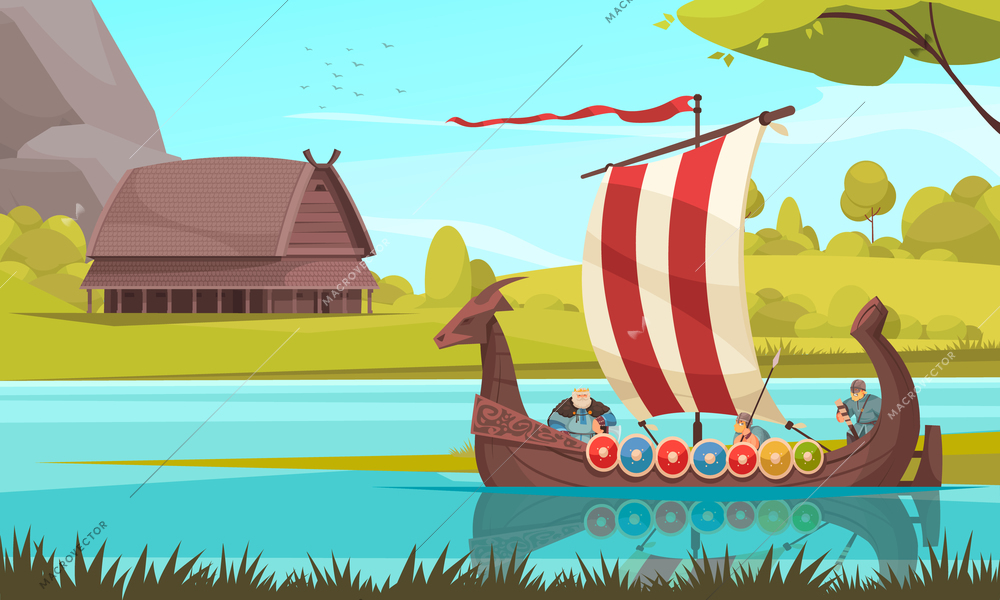 Vikings sailing in traditional wooden longship boat with rectangular sail prow adorned with dragon head cartoon vector illustration