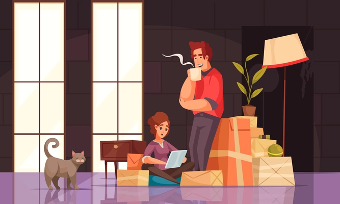 New house interior cartoon compositions young couple with cat packages boxes on floor checking laptop vector illustration